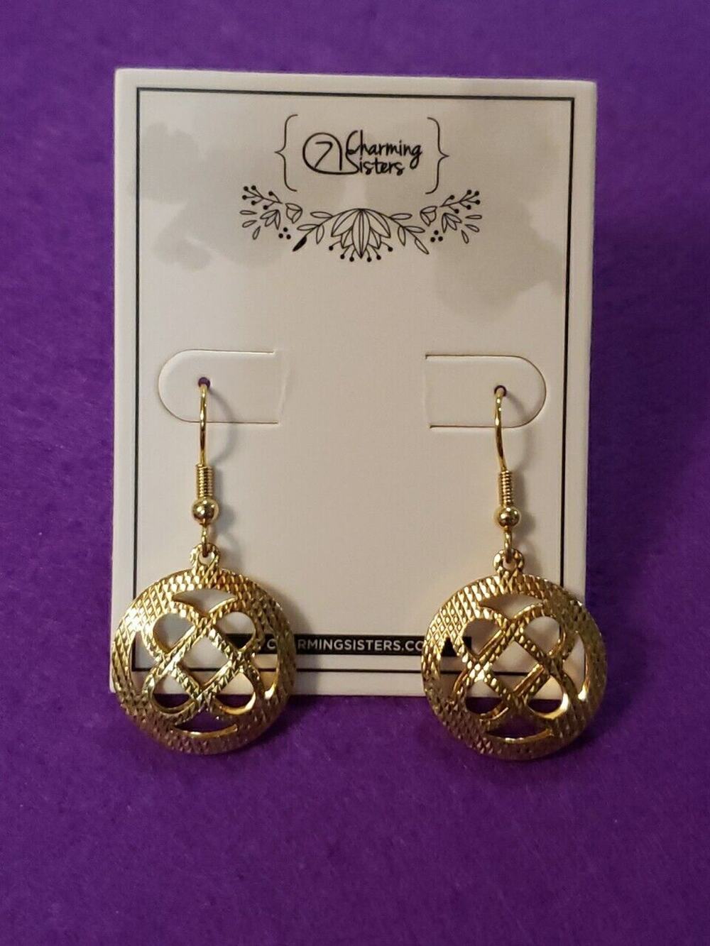 Gold Plated Brass Dangle Earrings Puffy Round Textured Open Work Design New